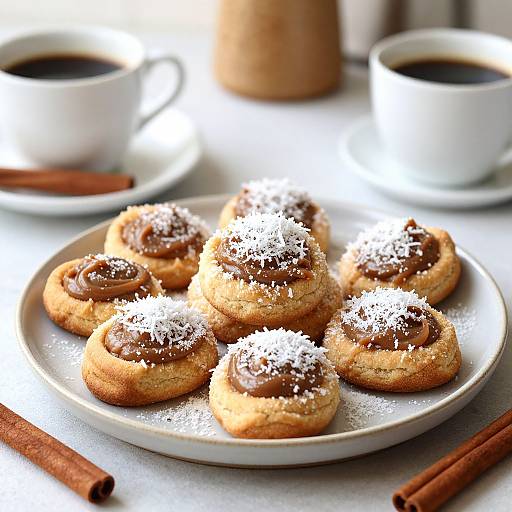 Photograph of six caramel-filled sugar cookies dusted with powdered sugar on a white plate, with two white coffee cups and cinnamon sticks in the background.