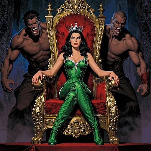 Digital comic-style image of a green-clad, crown-wearing woman on an ornate throne, flanked by two muscular, shirtless, sn