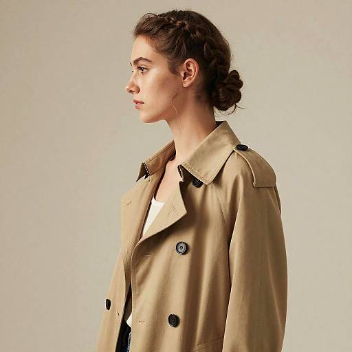 Photograph of a young woman in profile, wearing a beige trench coat with black buttons, against a plain light gray background.