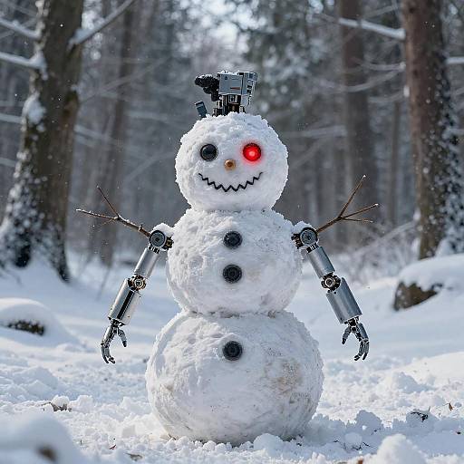 Cyborg Snowman in a Snowy Forest