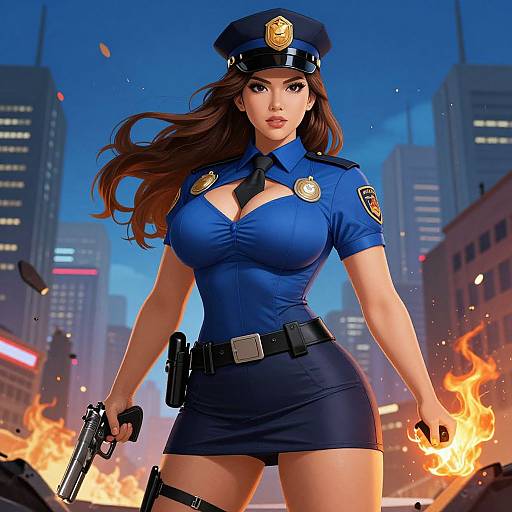 Digital artwork of a sexy, Asian policewoman with long brown hair, blue uniform, and hat, holding a gun amidst city flames.