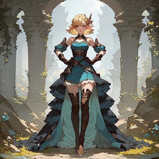 Digital anime-style drawing of a blonde, elf-like woman in a blue, ruffled, armored dress, standing confidently in a sunlit, ruined arch