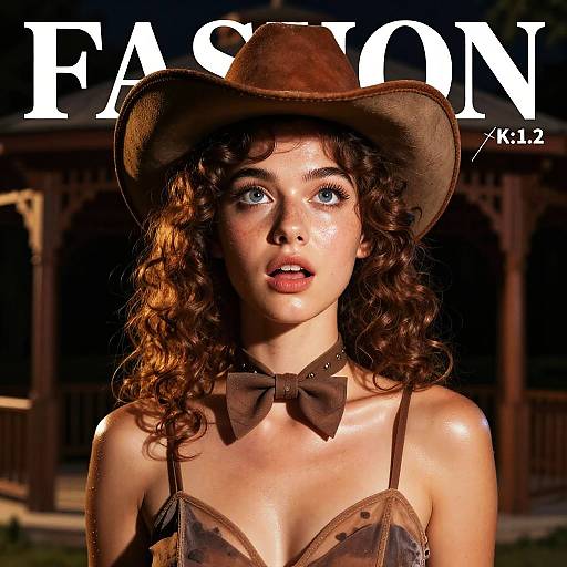 Photograph of a curly-haired woman with blue eyes, wearing a brown cowboy hat and bowtie, against a dark wooden porch backdrop, with 