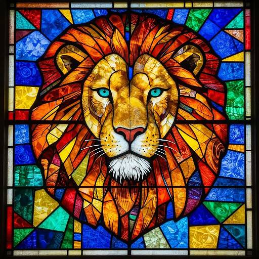 Vibrant stained glass artwork of a regal lion's head with fiery orange mane, blue and green background, and striking blue eyes.