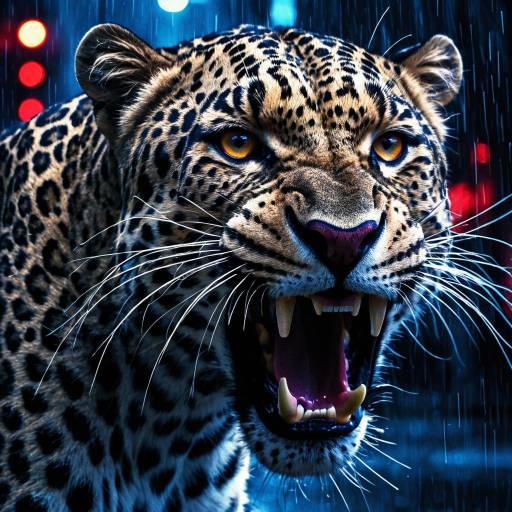 Snarling Leopard in Neon Rain
