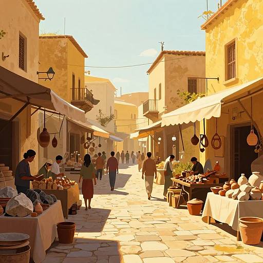 Digital painting of a sunlit, narrow European street market with vendors and shoppers under yellow awnings, potted plants, and hanging wares.