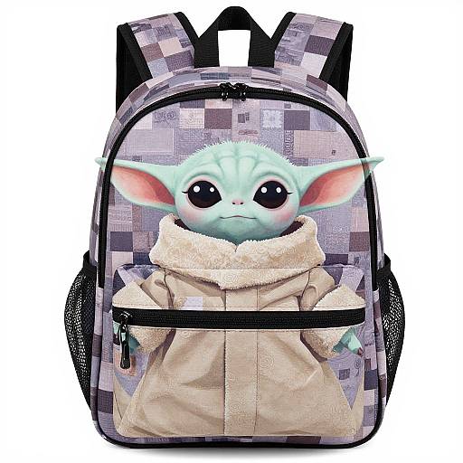 Digital illustration of a checkered backpack with a cute, green, big-eyed, elf-like creature wearing a beige, fuzzy-collared coat.