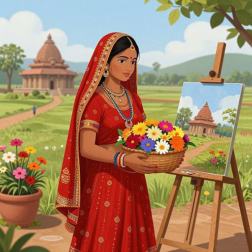 Indian Woman in Rustic Village Scene