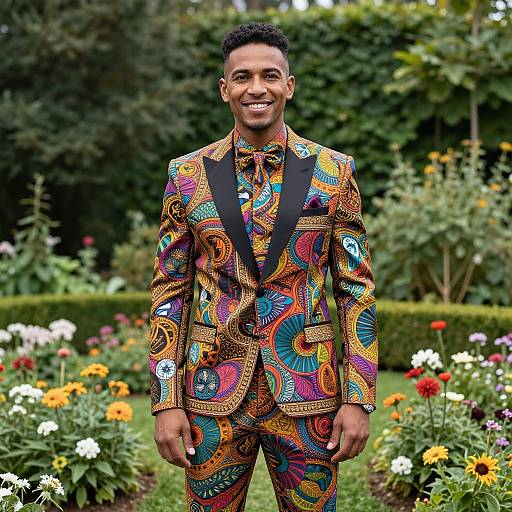Photograph of a smiling Black man in vibrant, colorful paisley-patterned suit standing in a lush, flower-filled garden.