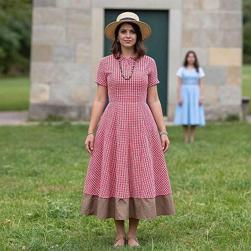 Photograph of a woman in a red checkered dress with brown skirt and straw hat, standing on grass in front of a stone building, with a