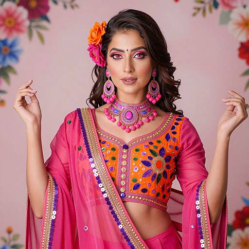 Woman in Bright Traditional Indian Dress with Floral Accessories