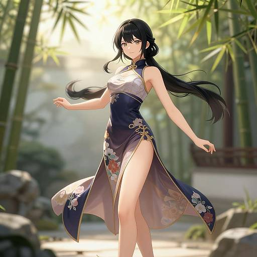 Anime-style digital illustration of a beautiful Asian woman with long black hair, wearing a sleeveless, floral-patterned, high-slitted cheongsam,