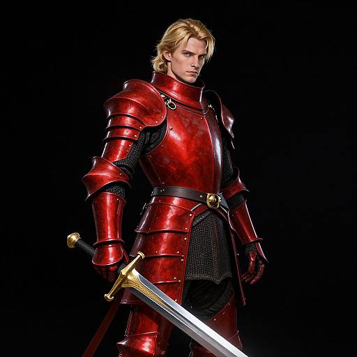 Photorealistic image of a blonde, serious-looking man in shiny red medieval armor, holding a sword, against a black background.