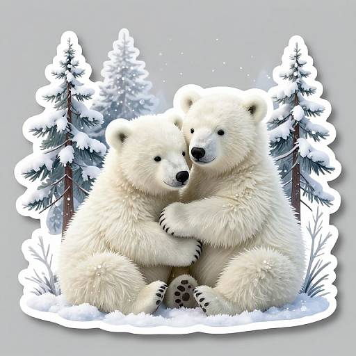 Digital illustration of two fluffy white polar bears cuddling in a snowy forest, surrounded by snow-covered evergreen trees and soft white snowflakes.