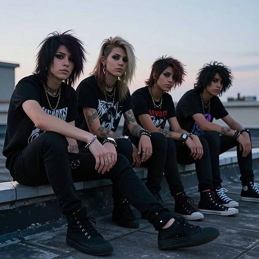 Photograph of four edgy, tattooed, androgynous young men with spiky hair, wearing black shirts and jeans, sitting on rooftop