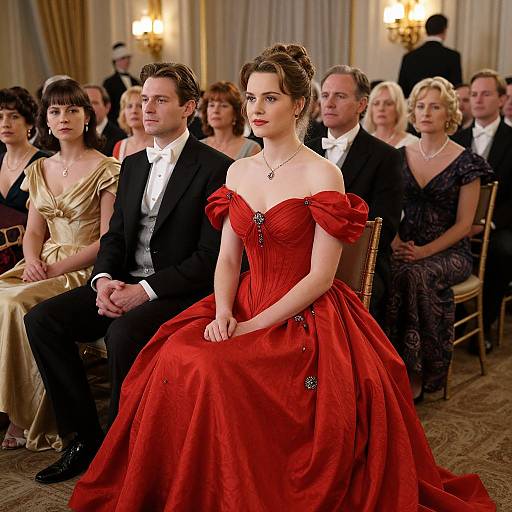Photograph of formal event: Red-dressed woman with updo, seated center, surrounded by men in black tuxedos and women in elegant