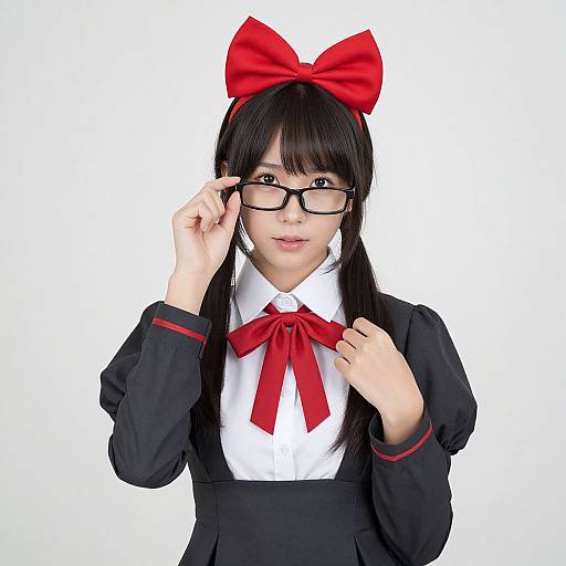 Photograph of an Asian woman with black hair, red bow, glasses, black school uniform, red ribbon, white background, adjusting glasses.