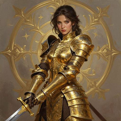 Digital art of a fierce, dark-haired woman in golden, ornate armor holding a sword, with a circular gold emblem in the background.