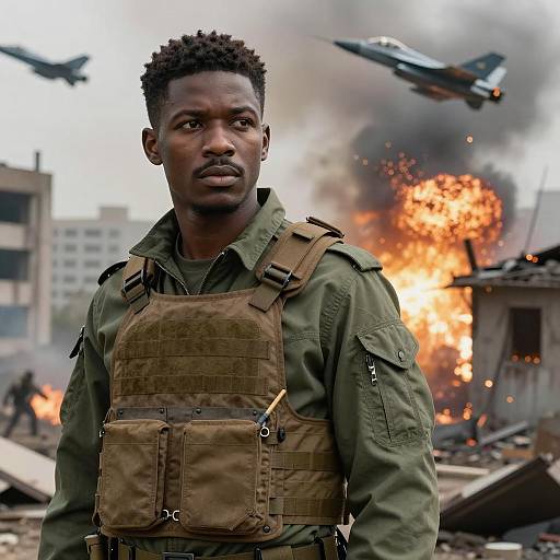 Dramatic Military Portrait in War Zone