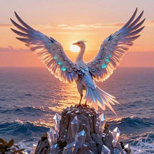 Photograph of a majestic, white-feathered bird with glowing blue-tipped wings, standing on a crystal-topped rock at sunset over a calm