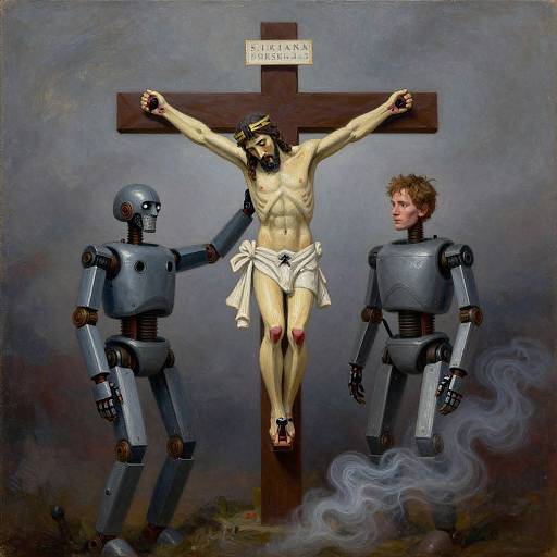 Robot Crucifixion in Mixed Art Styles