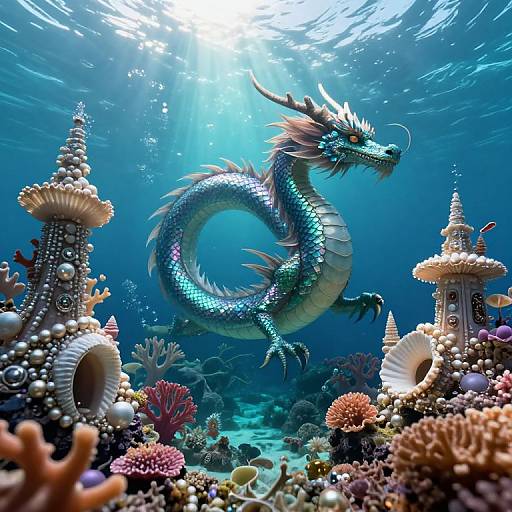 Digital artwork of a shimmering blue dragon with green eyes swimming amidst vibrant coral reefs and two ornate, pagoda-like structures underwater. Sunlight pier