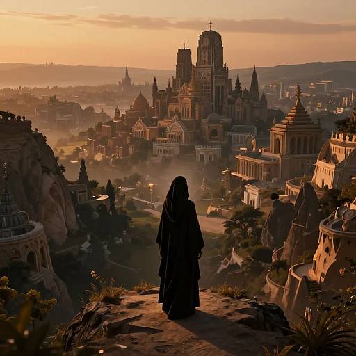 Digital artwork of a robed figure silhouetted on rocky ledge, overlooking a sprawling, sunlit, Gothic cityscape with towering spires and