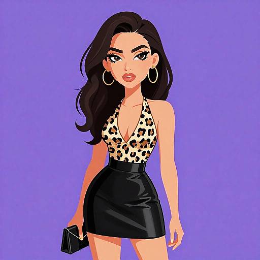 Digital illustration of a confident woman with long black hair, wearing a leopard print halter top, black leather skirt, large hoop earrings, and holding a