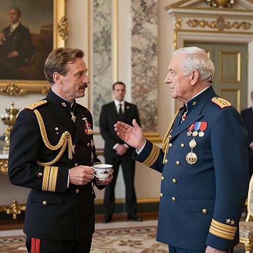 Two men in decorated military uniforms conversing