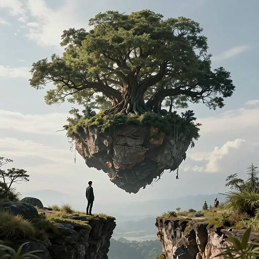 Digital art: A lone figure stands on a cliff, gazing up at a massive, floating tree with a rocky base, against a bright, cloudy