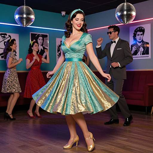 Photograph of a curvy woman with fair skin and red lipstick, wearing a turquoise and gold 1950s-style dress, dancing in a retro