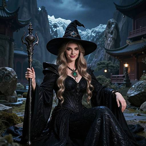 Digital artwork of a blonde witch with long curls, wearing a black, ornate dress and hat, holding a staff, in a moonlit, mountain