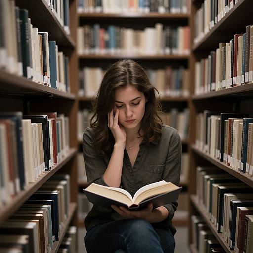 Photograph of a young woman with wavy brown hair, wearing a dark button-up shirt, sitting between bookshelves, reading an open book int