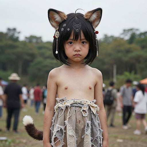 Photograph of a young Asian boy with black cat ears, head jewelry, and a tattered skirt, standing shirtless in a forested area with