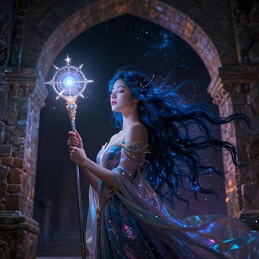 Ethereal fantasy photograph of a fair-skinned woman with flowing black hair, wearing a glowing, ornate staff in a dark, ancient brick arch