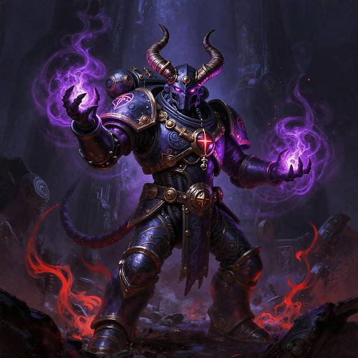 Digital artwork of a dark, horned demon warrior in black armor, glowing purple flames in hands, red cross on chest, standing in a smoky