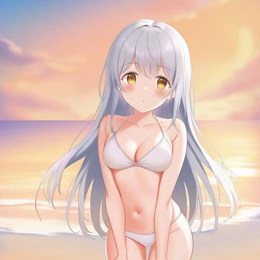 Anime Girl in White Bikini at Sunset Beach