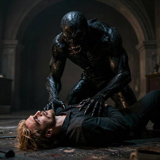 Snarling Beast Pins Man in Archway