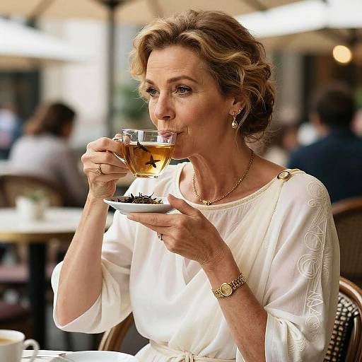 Photograph of an elegantly dressed middle-aged woman with wavy brown hair, sipping tea from a glass, wearing a white embroidered blouse, gold