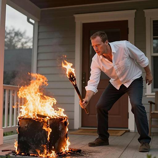 Intense Man with Torch on Burning Porch