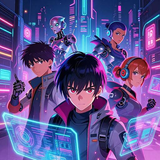 Neon-lit cyberpunk cityscape featuring five futuristic characters with glowing interfaces, holograms, and vibrant neon lights. Digital anime-style artwork.