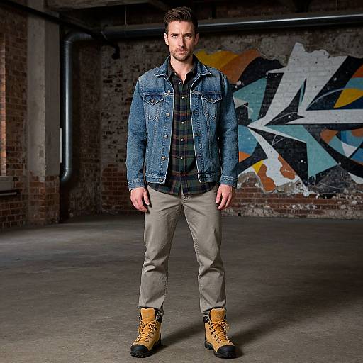 Photograph of a handsome man with short brown hair, wearing a denim jacket, plaid shirt, beige pants, and tan boots, standing in a