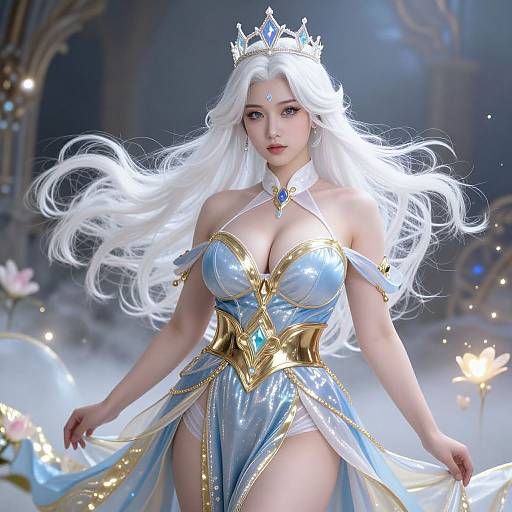Digital art of a beautiful, white-haired, blue-eyed queen with a crown, wearing a shiny, blue and gold, revealing fantasy dress, standing in