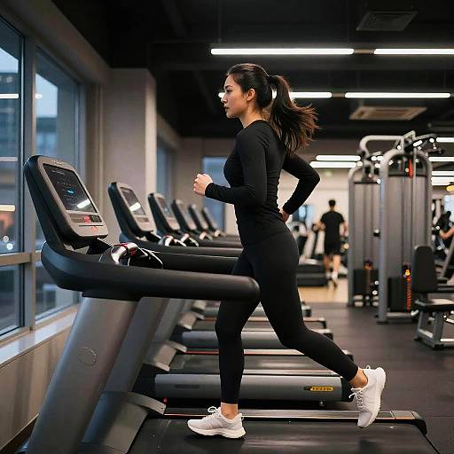 Photograph of a fit woman with dark hair in a ponytail, wearing a black long-sleeve top and leggings, white sneakers, running on