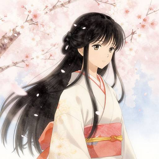 Digital anime-style drawing of a young woman with long black hair, wearing a white kimono with red obi, against a cherry blossom background with falling