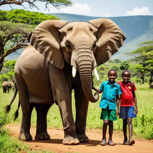 Children with Elephant in African Savanna