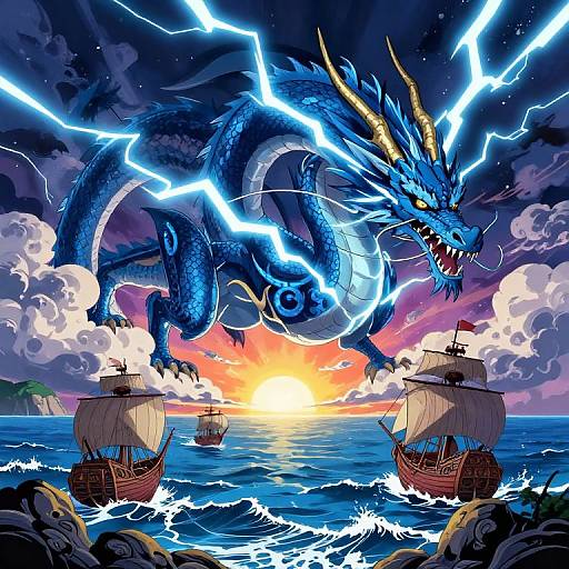 Vibrant digital art: Blue, lightning-embodied dragon with glowing horns looms over sunset sea, surrounded by three wooden sailing ships with bill
