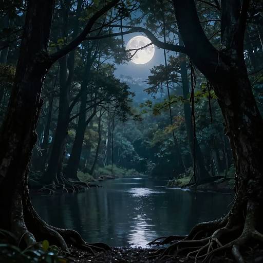 Photograph of a moonlit forest clearing, with a bright full moon reflected in a calm river, framed by dark, gnarled tree roots and