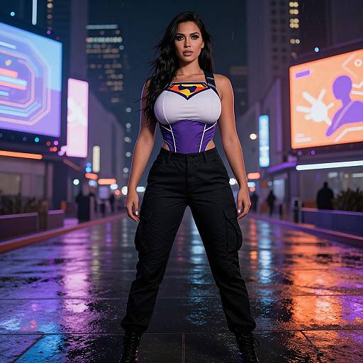 Photograph of a muscular woman with long black hair, wearing a Superman-inspired top and black cargo pants, standing confidently on a neon-lit, rainy