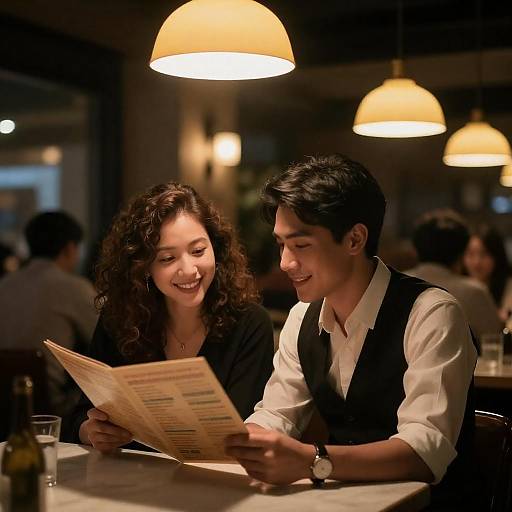 Young Couple Reading Menu at Cozy Restaurant